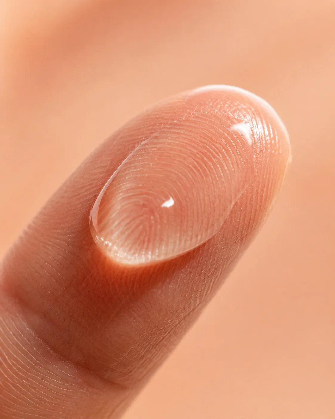 Macro of a single drop of clear serum spreading on a fingertip, soft peachy backdrop.