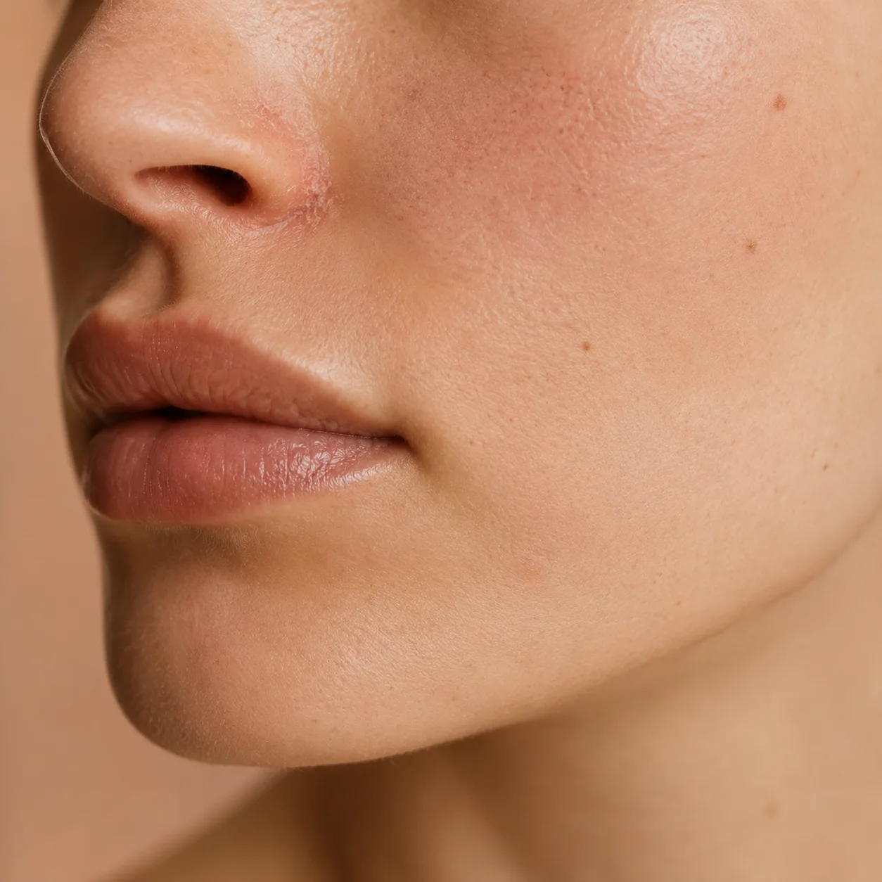 Week 1 baseline portrait — lower face, mild redness near the nostril, natural Sunday-morning light.