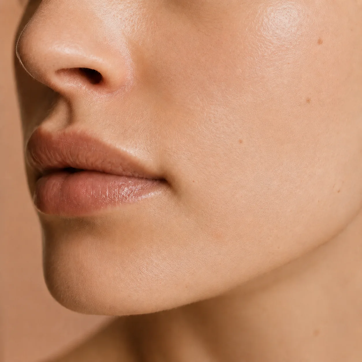 Week 8 portrait — same crop and light, clear improvement: hydrated, luminous, even-toned skin.